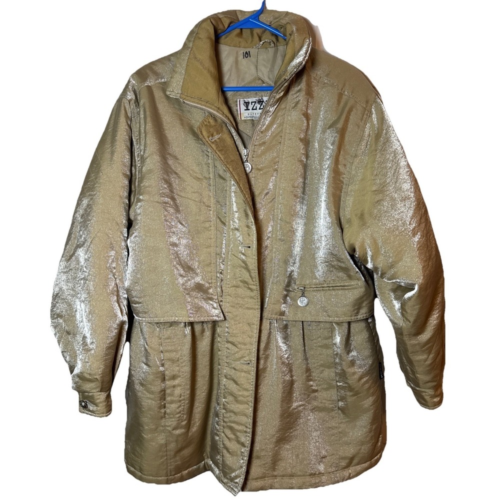 Vintage IZZI S Rothschild Womens M Gold Metallic Puffer Coat Jacket Zip Front